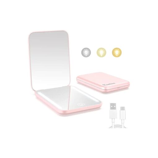 Kintion Rechargeable Pocket Mirror, Double Sided 1X/3X Magnification Compact Vanity Mirror, 3 Color Lights, Dimmable, Small Portable Wallet Mirror, Lighted Travel Mirror for Women Gifts, Pink