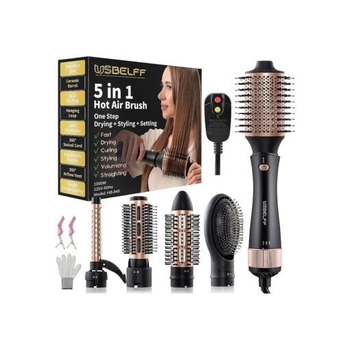 Hot-Air Blow Hair Dryer Brush - Set for One Step Drying and Styling Hair, Negative Ionic, Ceramic Barrel, Detachable, Multiple Temp Settings for Women Middle to Long Hair, Black-Golden