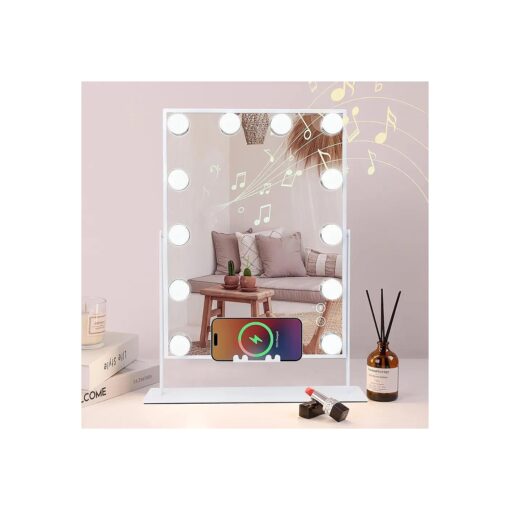 COOLJEEN Vanity Mirror with Lights and Bluetooth, Wireless Charging Lighted Vanity Mirror with Phone Holder, 12-Bulb 3 Color Lighting Tabletop Lighted Makeup Mirror, 360degRotation