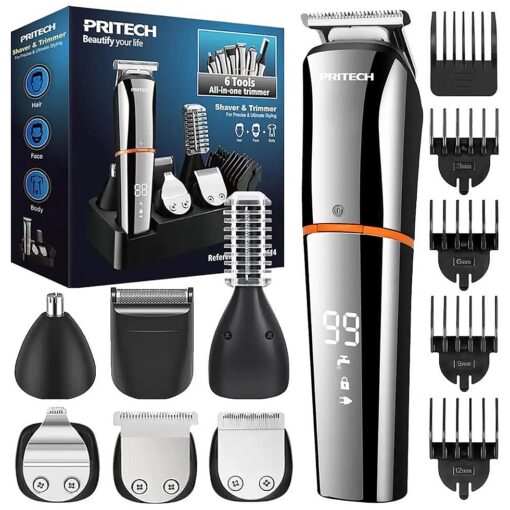 PRITECH Beard Trimmer,6 in 1 Kit Electric Hair Clipper, Cordless Nose Trimmer Mens Grooming Trimmer for Beard Head Face and Body Waterproof IPX6 USB Rechargeable LED Power Display