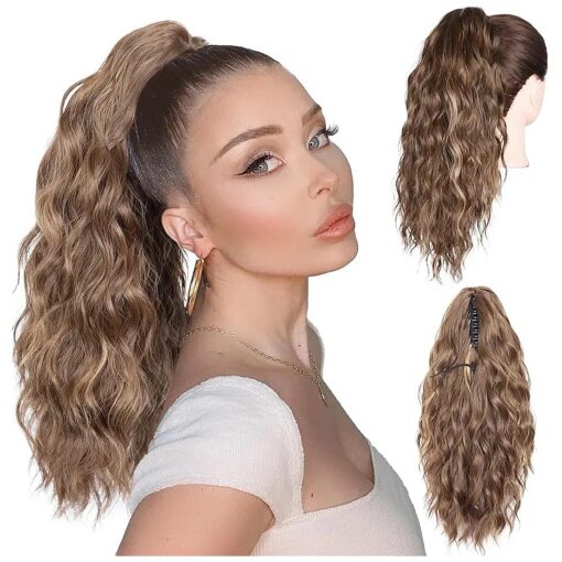 Claw Clip Ponytail Extension, 18 inch Highlight Ponytail Extension, Multi Layered Hair Extensions Ponytail, Thick Curly Clip on Ponytails for Women ( Color : Medium Brown Mixed Blonde )