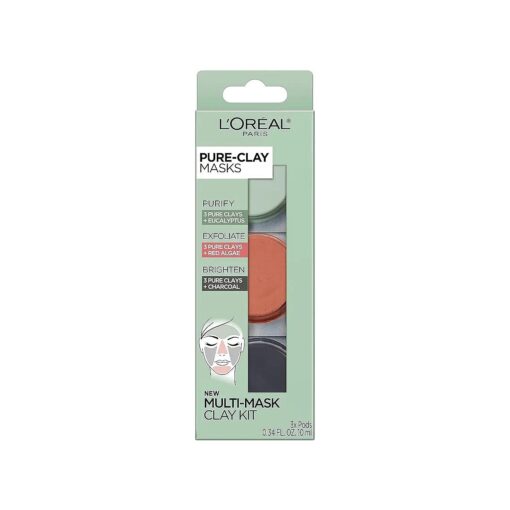 L'Oreal Paris Skincare Pure-Clay Face Mask Trial Size Set, Includes 3 Different Face Masks Made With Charcoal, Red Algae and Eucalyptus, Set