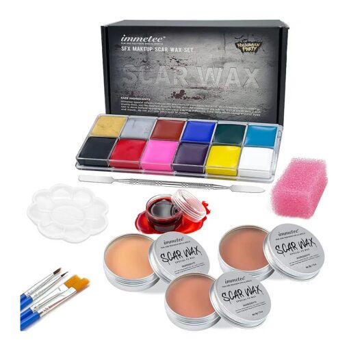 immetee Scar Wax SFX Makeup Kit, Face & Body Paint, Christmas Halloween Makeup Kit, Fake Blood, Painting Brushes, Spatula, Stipple Sponge, Stage Theatrical Party Cosplay, Carnival