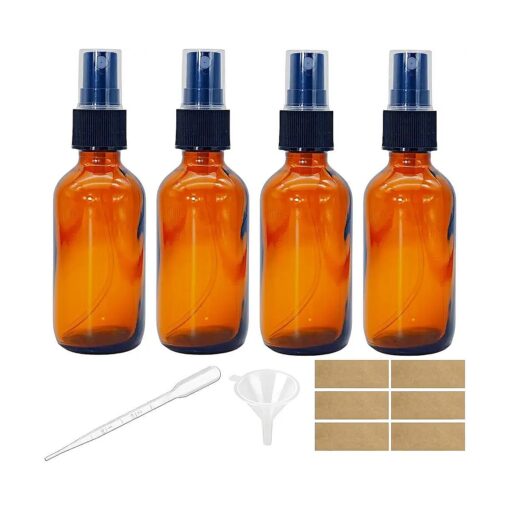 4 PACK 2 oz Small Amber Glass Spray Bottles, 2oz Mini Travel Empty Fine Mist Spray Bottle with Funnel and Labels for Hair, Plants, Perfume