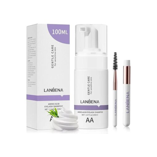 LANBENA 100ml Eyelash Extension Cleanser, Lash Shampoo for Lash Extensions, AMINO ACID Eyelash Shampoo Oil Free Foam Lash Bath for Eyelash Extensions, Lash Cleaning Kit with Brush, Home Salon Use