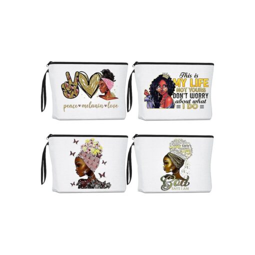 Roowest African Women Makeup Bag Gifts for Women African American Cosmetics Bag Travel Zippered Toiletry Bag Canvas Makeup Bags Reusable Multi Purpose Organizer for Women Lady ( 4 Pcs )