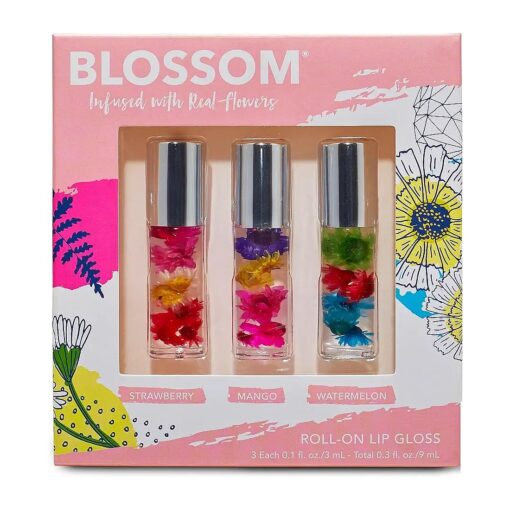 Blossom Scented Roll on Lip Gloss, Infused with Real Flowers, Made in USA, 0.3 fl, oz./9ml, 3 pack Mini Gift Set, Strawberry, Watermelon, Mango