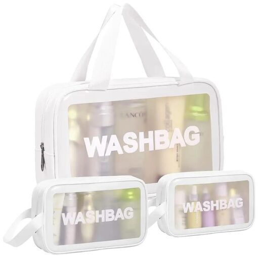 3 PCS Travel Toiletry Bag for Women Men, Matte Translucent Waterproof Makeup Cosmetic Travel Organizer Bag for Size Toiletries Accessories with Handy Handle ( White )