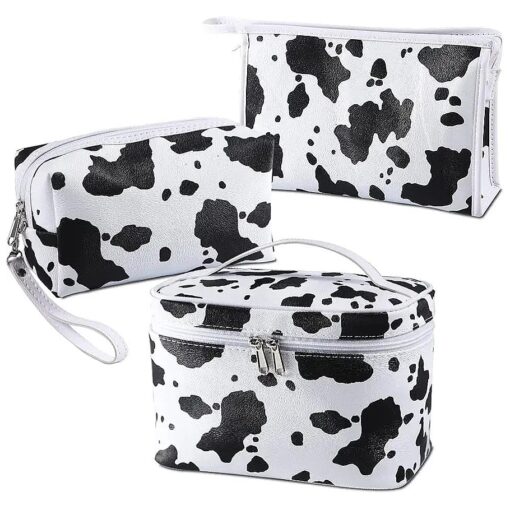 Veki 3 Pieces Set Makeup Bag Waterproof Cosmetic Bag Small Makeup Bags Organizer for Women and Girls with Milk Cow Animal Portable Toiletry Bag Mini Cute style Set Travel Pouch Bags ( Cow )