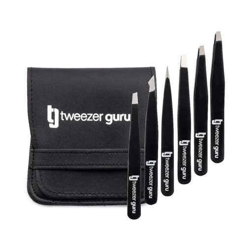 Tweezer Guru Eyebrow Tweezer Set for Women & Men - Professional Slant and Pointed Tweezers Set with Case - Precision Tweezers Kit for Facial Hair, Splinter and Ingrown Hair Removal ( 6 Pack )