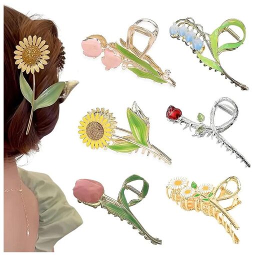 Flower Metal Hair Claw Clips 6 Pcs Cute Large Tulip NonSlip Hair Barrettes Strong Hold Hair Clamps Fashion Hair Accessories for Woman Girls with Long Thick Thin Curly Hair ( A Style )