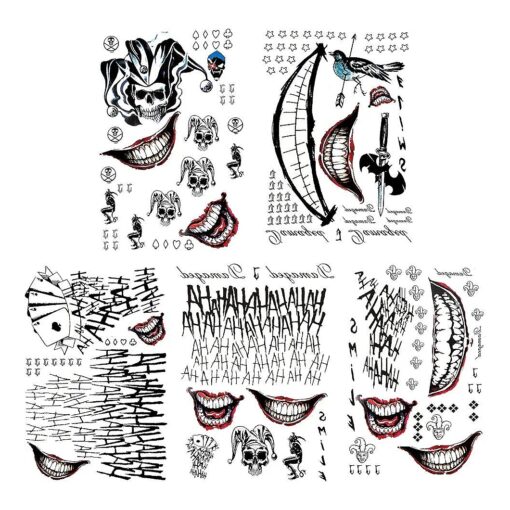 5 Sheets Halloween Temporary Tattoos, The Jok Inspired Tattoo Stickers for Women Men, Large Size 8.2" x 11.6" Tattoos for Kids, Perfect for Halloween, Parties, Cosplay and Costumes