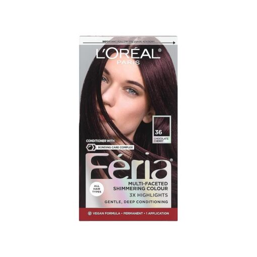 L'Oreal Paris Feria Multi-Faceted Shimmering Permanent Hair Color, 36 ( Chocolate Cherry ) Deep Burgundy Brown, Pack of 1 Hair Dye Kit