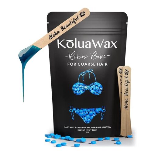 KoluaWax Hard Wax Beads for Hair Removal - Coarse Hair Formula - Face, Brazilian, Underarms, Back Chest, Bikini Waxing - Sea Salt & Surf, 1lb Refill for Wax Warmers & 10 Large Applicator Sticks