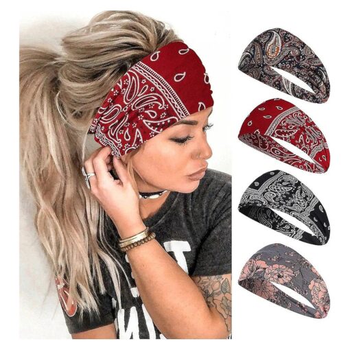 Wide Headbands for Women, Boho Bandeau Head Bands, Workout Head Wraps, Stretch No Slip Hair Wraps Pack of 4 ( Stylish )