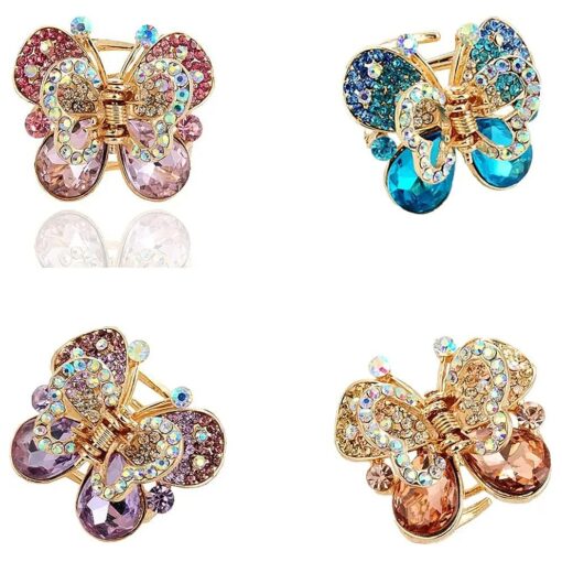 Ruihfas Fashion 4Pcs Rare Crystal Rhinestone Butterfly Bangs Clip Bow Hair Claw Gripper for Girl Women 1.26x1.10 inch