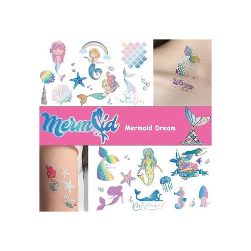 Ooopsi Mermaid Party Supplies Temporary Tattoos for Kids - 7 Large Sheet, 100+ Glitter Styles, Mermaid Party Favors and Birthday Decorations for Children Girls