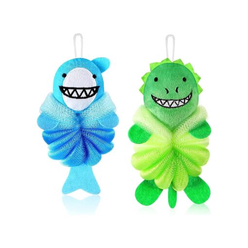 2 Pcs Bath Loofahs Kids Toddler Cute Cartoon Bath Sponges Loofah Bath Pouf Body Scrubber Mesh Loofah Sponges for Children Shower Washing Exfoliating ( Animal )