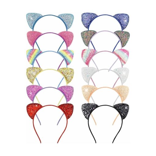 12 Pack Sequin Cat Ears Headband for Girls and Women Glitter Headbands with Cute Ear Hair Accessories for Daily Wearing and Party Decoration Shiny Kitty Hairbands Cat Ear Hair Hoops ( Multicolor )