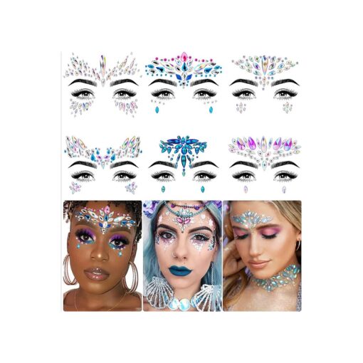 iMethod Face Jewels - Face Gems, Mermaid Face Jewels Stick On, Rave Accessories for Festival Holiday Costumes & Makeup, 6 Pcs, multicolored