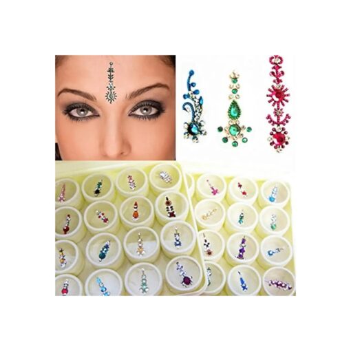 Bindi Box Long Multicolored Crystal Bindis - Bridal Forehead Tika temporary tattoo wedding face Jewels makeup ( Pack of 20 Bindis )