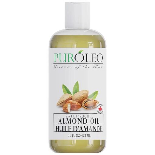 PUROLEO Sweet Almond Oil 16 Fl Oz/473 ML ( Packed In Canada ) Pure Almond Oil for Skin, Hair, & Body | Organic Carrier Oil & Body Oils For Women | Almond Butter Hair Oil, Body Oil, Baby Oil