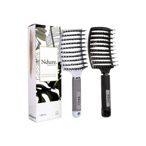 Vented Boar Bristle Styling Hairstreaq Detangling Brush, Single White Brush Anti-Static Detangler, Wet or Dry Use, Fast Blow Drying, Use on Long or Short Hair, ( 2 Pack, White & Black )