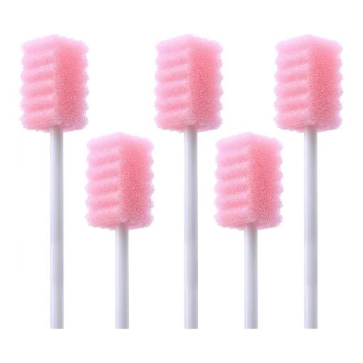 100 Pcs Disposable Mouth Swabs Sponge, BVN Oral Swabs, Oral Care Swabs Disposable, Mouth Swabs, Unflavored and Sterile Disposable Dental Swabsticks for Mouth Cleaning, Sawtooth-Shaped Pink .