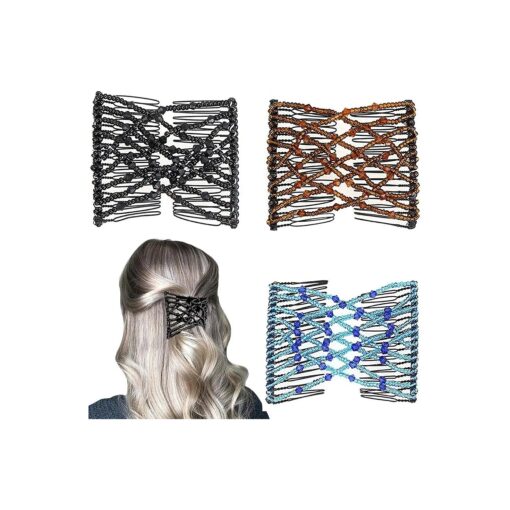 3 Pieces Elastic Magic Hair Comb Clips Stretchy Double Comb Hair Forks for Women Girls Vintage Hairstyle Multipurpose Hair Accessories ( Bead Style-Blue Brown Black )