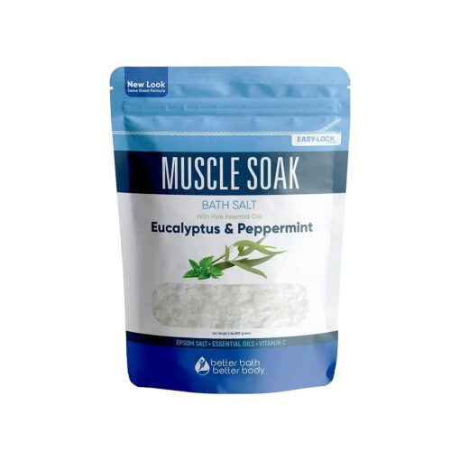 Muscle Soak Bath Salt 32 Ounces Epsom Salt with Natural Peppermint and Eucalyptus Essential Oils Plus Vitamin C in BPA Free Pouch with Easy Press-Lock Seal