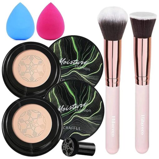 2 PCS Mushroom Head Air Cushion CC Cream Nature Foundation, Foundation Brush Powder Brush, Moisturizing Concealer, Bright Makeup Base Long Lasting with Mushroom Makeup Sponge ( # 03 Warm Nude )