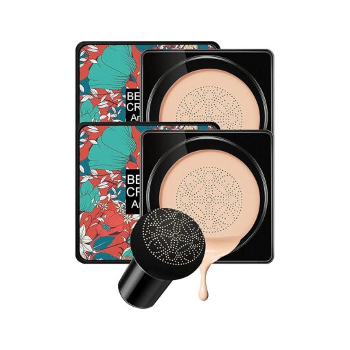 Air Cushion CC Cream Mushroom Head Foundation, Moisturizing BB Cream Makeup Long Lasting Matte Concealer Bright Makeup Base Long Lasting with Mushroom Makeup Sponge ( 2PCS Natural )