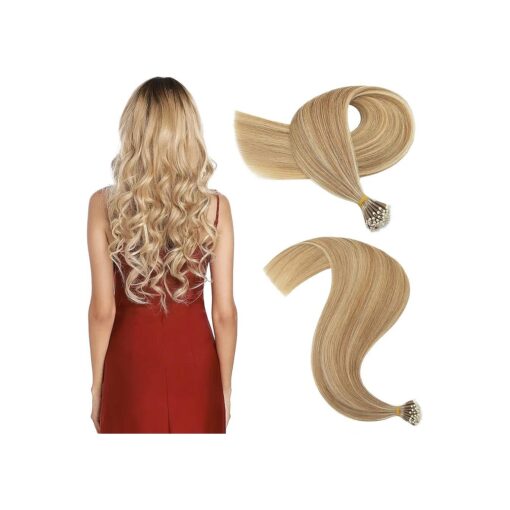 S-noilite Nano Bead Ring Human Hair Extensions Pre Bonded Nano Tip Hairpieces Balayage Highlighted Cold Fusion Micro Link Loop Remy Hair 50g 50 Strands For Women 16" # 12/613 Golden Brown/Bleach Blonde