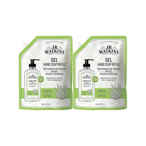 J.R. Watkins Gel Hand Soap Refill Pouch, Scented Liquid Hand Wash for Bathroom or Kitchen, USA Made and Cruelty Free, 34 fl oz, Aloe & Green Tea, 2 Pack