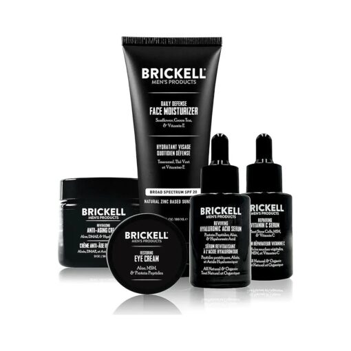 Brickell Men 's Complete Defense Anti Aging Routine, Night Face Cream, Vitamin C Day and Night Serum, Facial Moisturizer w/SPF and Eye Cream, Natural and Organic, Scented, Skin Care Gift Set