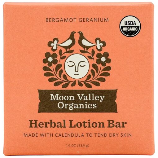 Moon Valley Organics Herbal Lotion Bar in Bergamot Geranium, Moon Melt Bar, Calendula and Comfrey, Beeswax, Heal and Restore Chapped Skin, Soothing