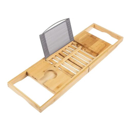 Home-Complete Bamboo Bath Caddy-Natural Wood Bathtub Tray with Extending Sides, Secure Cupholders and Water-Proof Book, Tablet, or Phone Holder