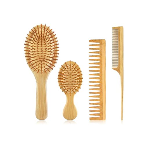 4 PCS Bamboo Hair Brush Set With Natural Wooden Wide-tooth and Tail Comb Big and Mini Paddle Detangling Hairbrush for Women men kids and Baby Thick Thin Curly Straight Dry