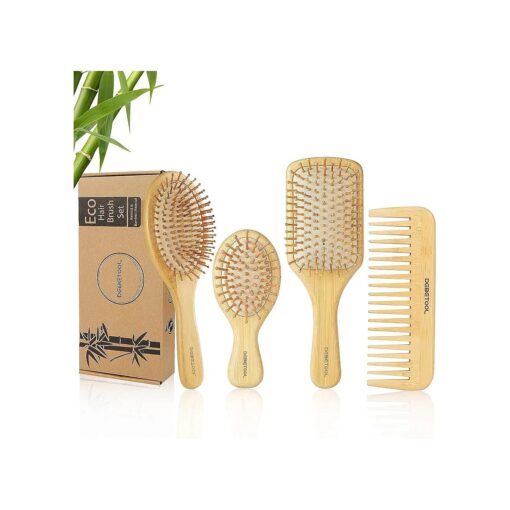 Bamboo Hair Brush Set, Natural Wooden Bamboo Comb Paddle Detangling Hairbrush for Hair Growth - Wide-tooth and Tail Comb Suitable for Thick/Thin/Curly/Dry Hair