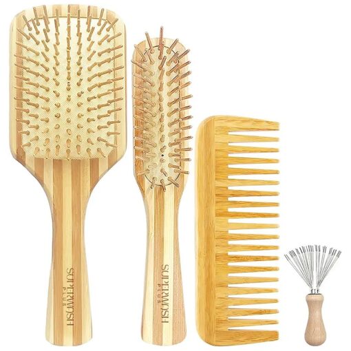 Bamboo Hair Brush Comb Set for Women Men, Wood Bristle Paddle Detangling Brush, Wide Tooth Comb for Curly Wavy Thick Thin Wet Dry Hair, Brush Cleaning Tool Included - 4 Pack