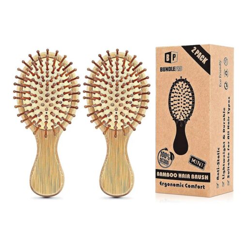 Pack of 2 Bamboo Hair Brushes, 100 % Natural Eco-friendly Hair Brush with Bamboo Bristles, Massages Scalp Anti-Static Hair Detangle for All Types, Lightweight ( MINI )