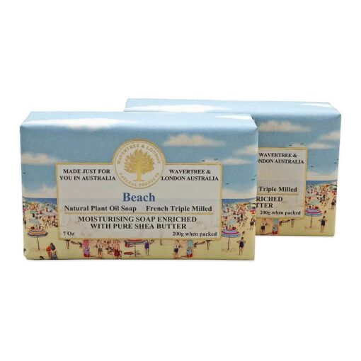 Wavertree & London Beach Scented Natural Soap ( 2 Bars ), 7oz Moisturizing French Triple Milled Soap Bars enriched with shea butter - Pure Plant Oil Bath & Body Soap for All Skin Types