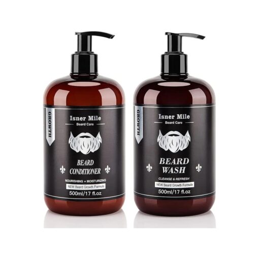 ISNER MILE Beard Wash and Conditioner Set 17 oz New Beard Formula with Biotin Argan & Jojoba Oils Smooth Soften Strengthen Beard Shampoo with Beard Oil Conditioner Gifts for Men