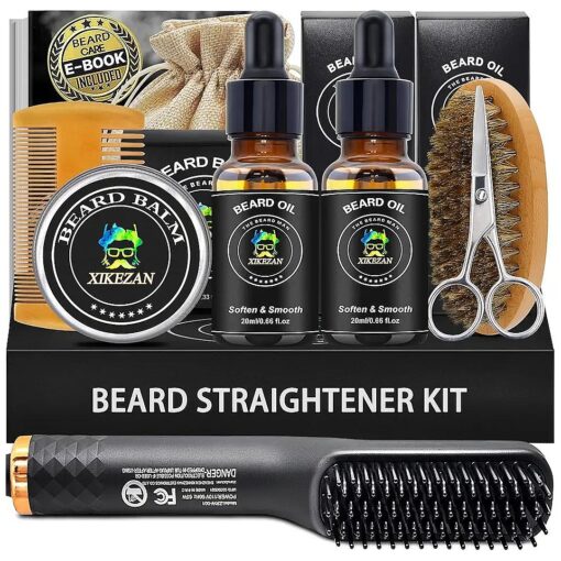 Beard Kit, Beard Grooming Kit, w/Beard Straightener, Beard Oil, Beard Balm, Beard Comb, Beard Scissor, Razor & Brush Stands, Bag, E-Book, Beard Care Growth Christmas Dad Gifts for Men Him Father