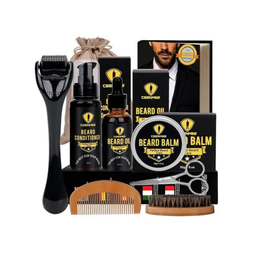 Ceenwes Upgraded Beard Grooming Kit with Beard Conditioner, Beard Oil, Beard Brush, Beard Comb, Beard Balm, Beard & Mustache Scissors Storage Bag, Trimming Kit for Men Care Perfect Christmas Gifts