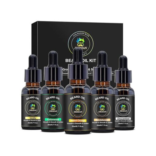 XIKEZAN 5 Pack Beard Oil Set w/Sandalwood, Orange, Vanilla, Cedarwood, Christmas Stocking Stuffers Fathers Valentines Day Gifts for Men Him Dad Boyfriend Husband, Beard Growth, Soften, Moisturizing, Strength