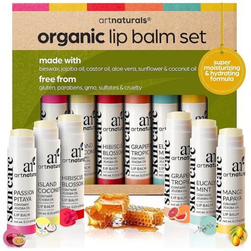 ArtNaturals Organic Beeswax Lip Balm Gift Set - Assorted Flavors with Aloe, Coconut & Jojoba Oils