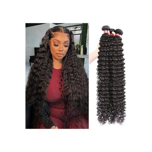 12A Deep Wave Human Hair Bundles 22 24 26 Inch Brazilian Deep Wave Curly Bundles Human Hair 3 Bundles 100 % Unprocessed Virgin Remy Wet and Wavy Human Hair Weave Bundles Natural Black