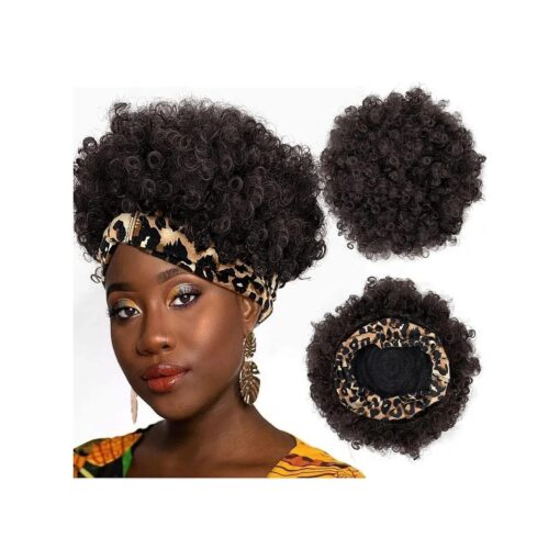 Afro Headband Wig Short Afro Kinky Curly Wigs for Black Women, Natural Black Glueless Afro Wigs with headbands attached Yellow Leopard Pattern