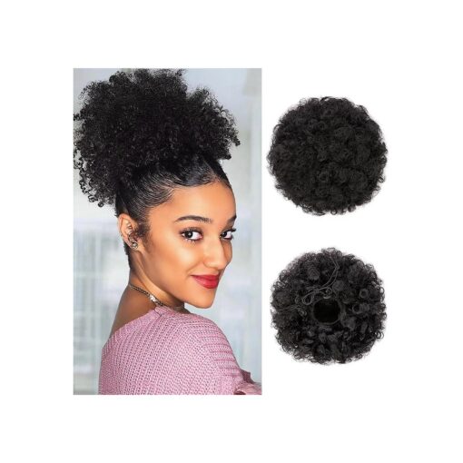 Afro Puff Drawstring Ponytail, Short Synthetic Kinky Curly Bun Hair Extensions, Fluffy High Hairpieces Updo Hair for Black Women ( Natural Black 1B # )